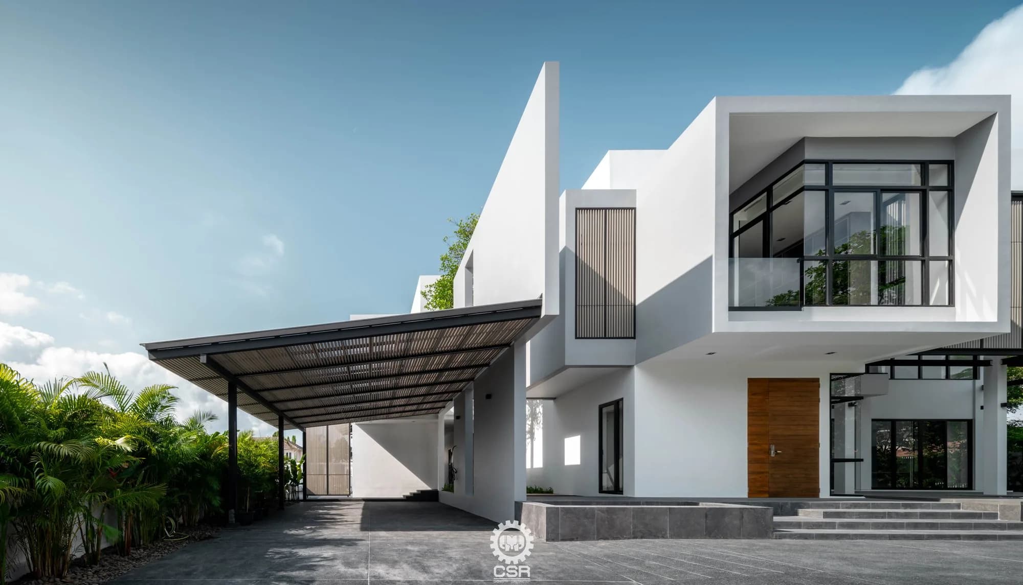 บ้านสีขาวสไตล์โมเดิร์นพร้อมโรงจอดรถ